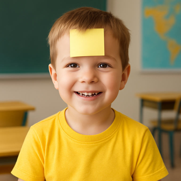 Bambino con post it in fronte