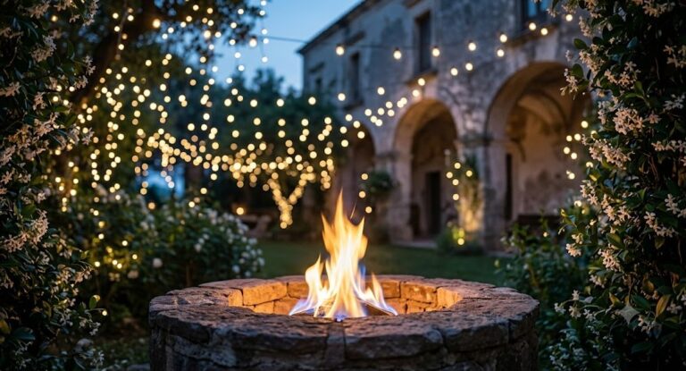 Falò acceso in un giardino illuminato da luci a stringa durante la cena per i 20 anni del Centro OIDA, dove Laura Mazzarelli ha letto la fiaba dedicata a Debora di Jorio