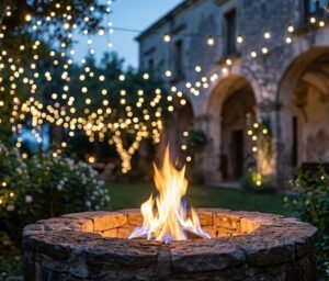 Falò acceso in un giardino illuminato da luci a stringa durante la cena per i 20 anni del Centro OIDA, dove Laura Mazzarelli ha letto la fiaba dedicata a Debora di Jorio