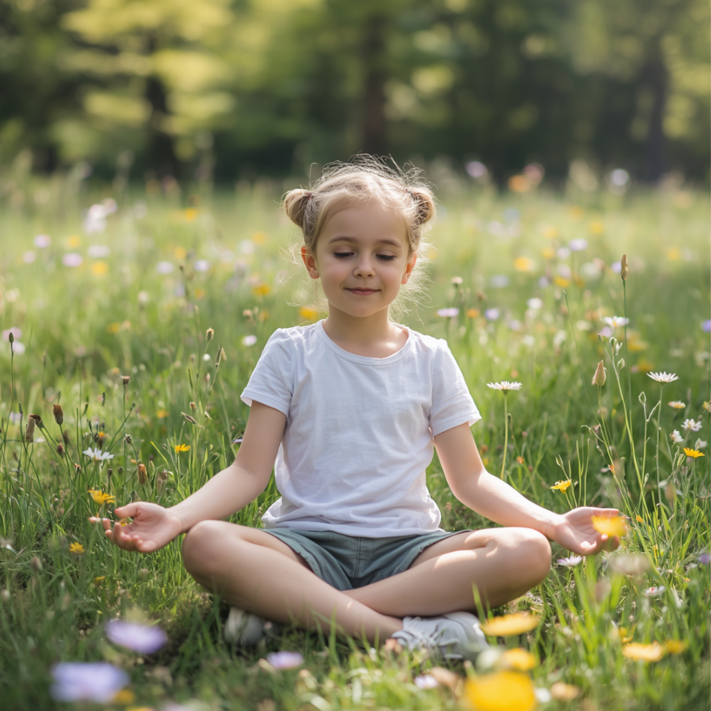 Bambina che fa mindfulness nel prato